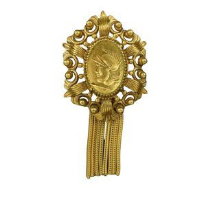 Florenza 3 inch Gold Toned Fringed Ornate Vintage Mid Century Brooch Pendant